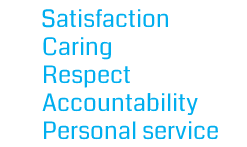 Satisfaction, Caring, Respect, Accountability, Personal service